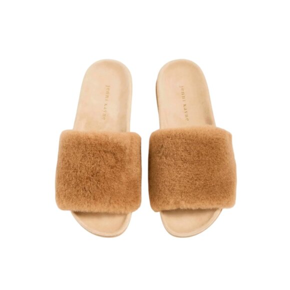 Jenni Kayne Shearling Slide Sandals Womens 39 9 Tan Brown Suede Open Toe Mules - Picture 2 of 13